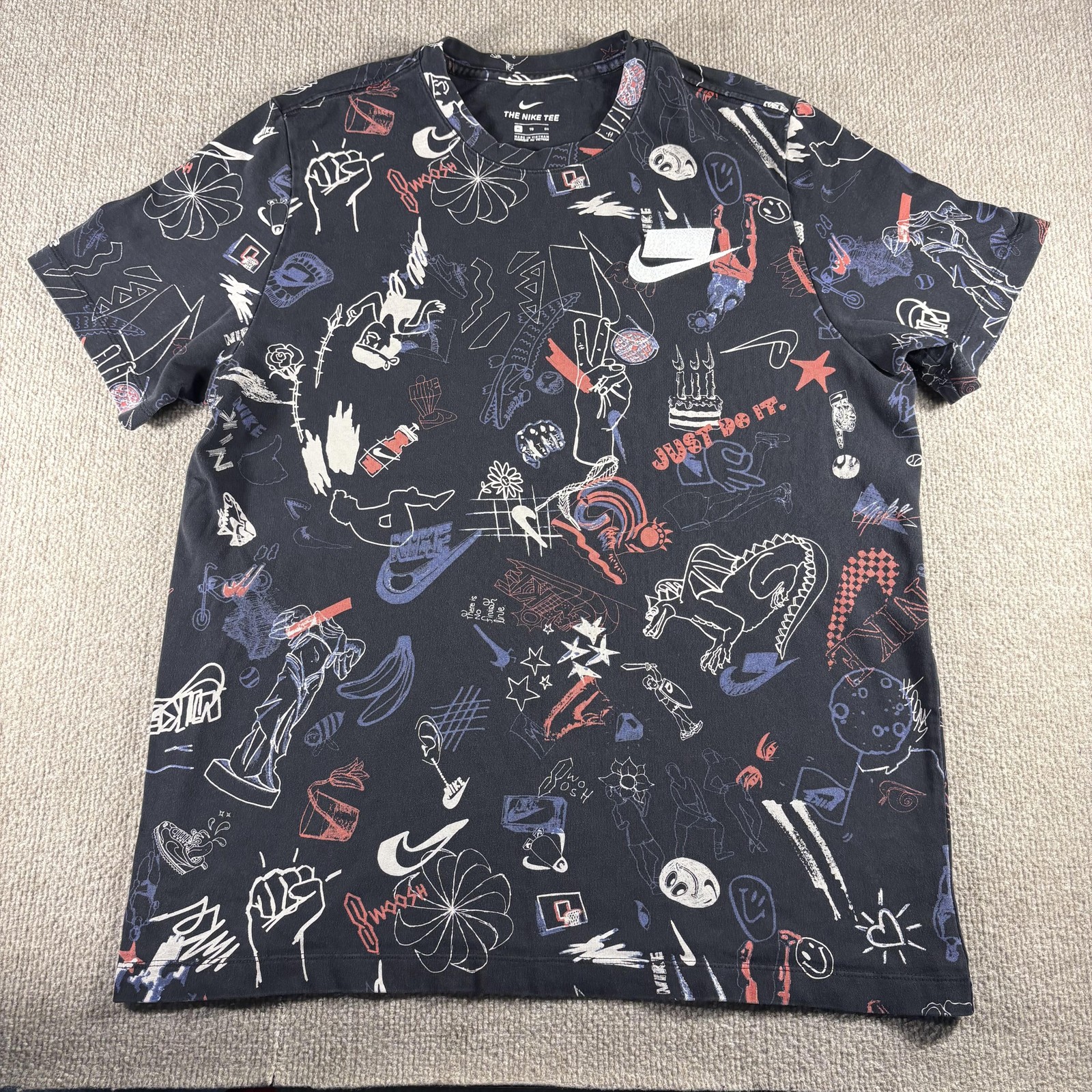 Nike Shirt Mens XL Black Allover Doodle Just Do It Graphic Tee DB6182-010