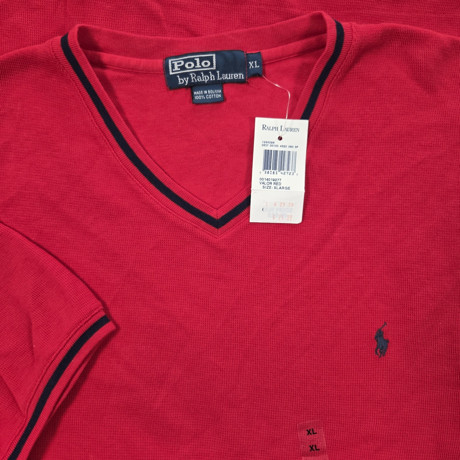NWT Vintage 90’s Polo Ralph Lauren Ringer Shirt Mens XL V Neck Valor Red Cotton