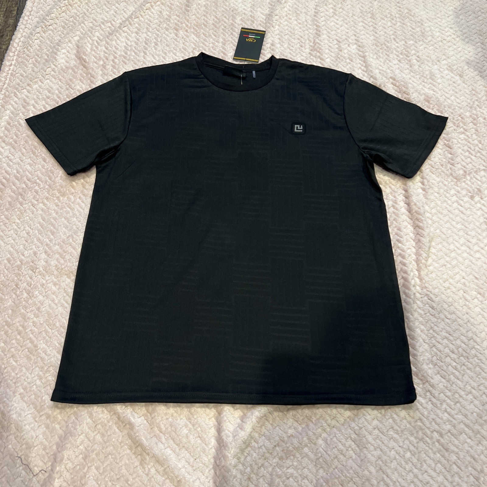 NWT Casa Moda Couture~LARGE~Men’s SS Knit Tee Black Textured X Line Pattern