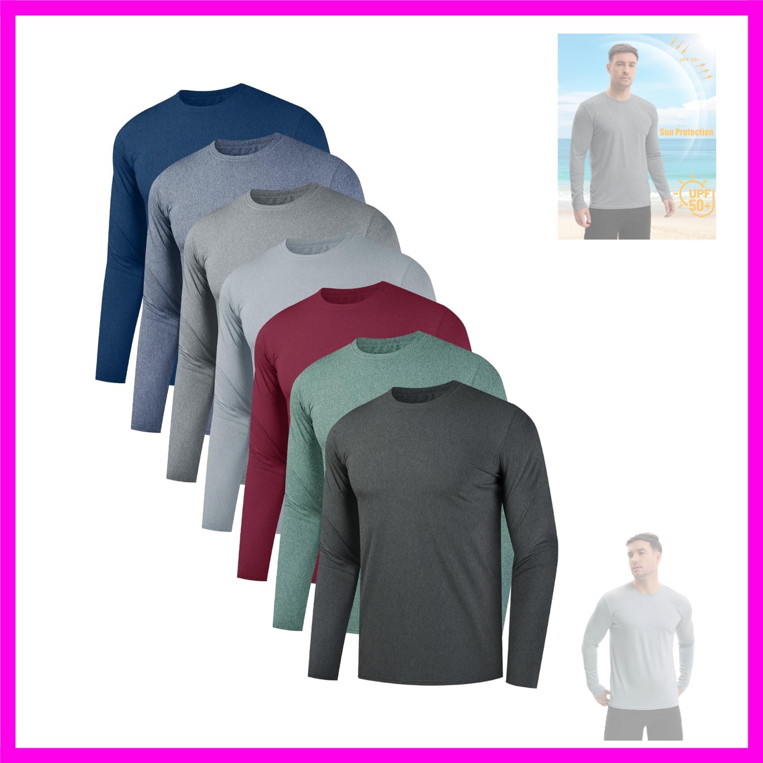 7 Pack Men’s Quick Dry Long Sleeve Shirts Moisture Wicking UV UPF 50+ Sun Pro…