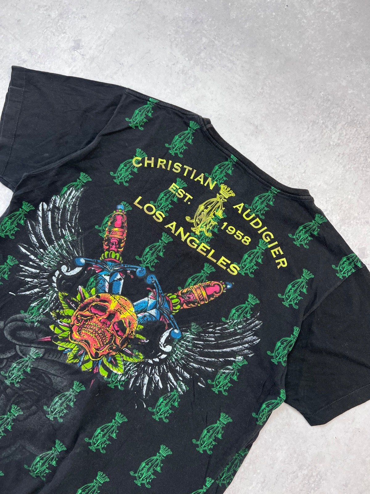Christian Audigier Skull Spider Web Rhinestone Gothic Graphic T-Shirt Black
