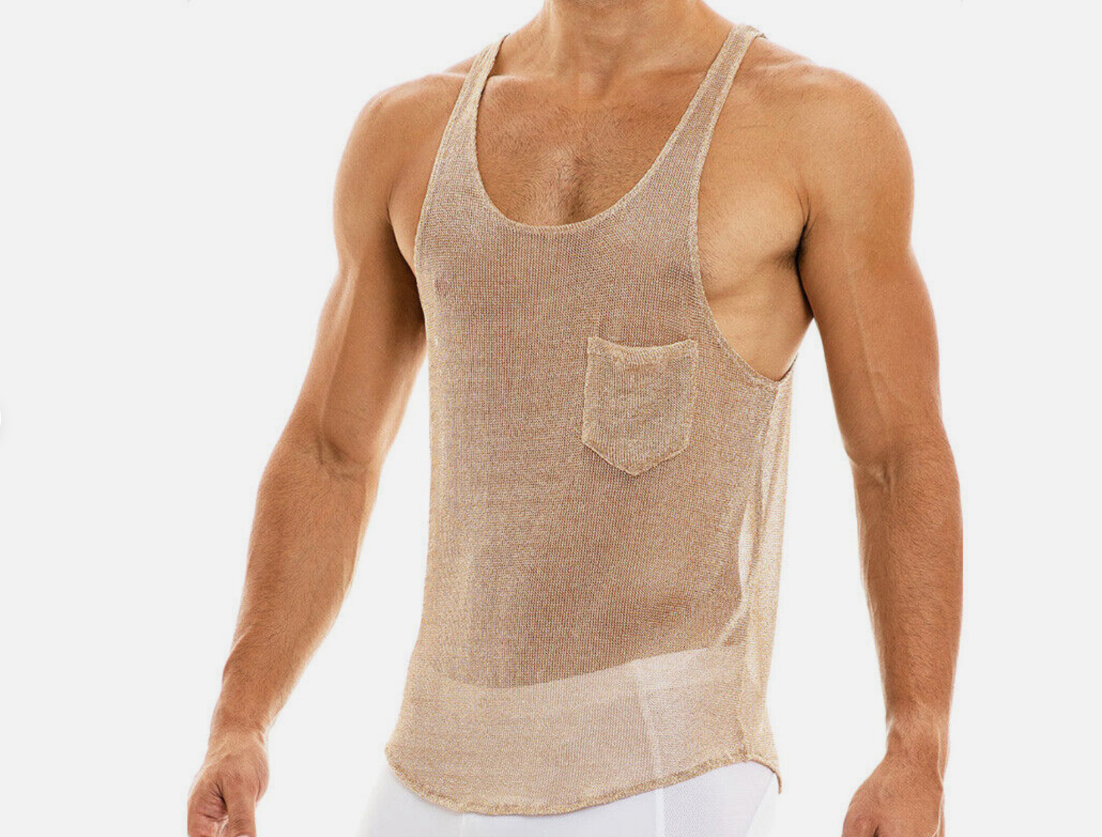 INCERUN Men’s Gold Size XL Scoop Neck Sheer Mesh Metallic Pocket Tank Top