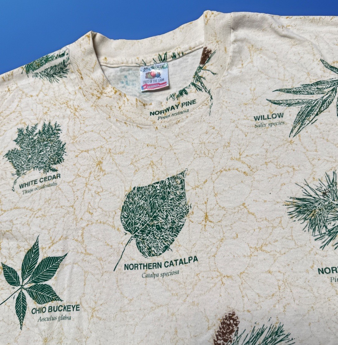 VTG Single Stitch Shirt Fruit Of The Loom Mens Medium White Botanical Plants AOP