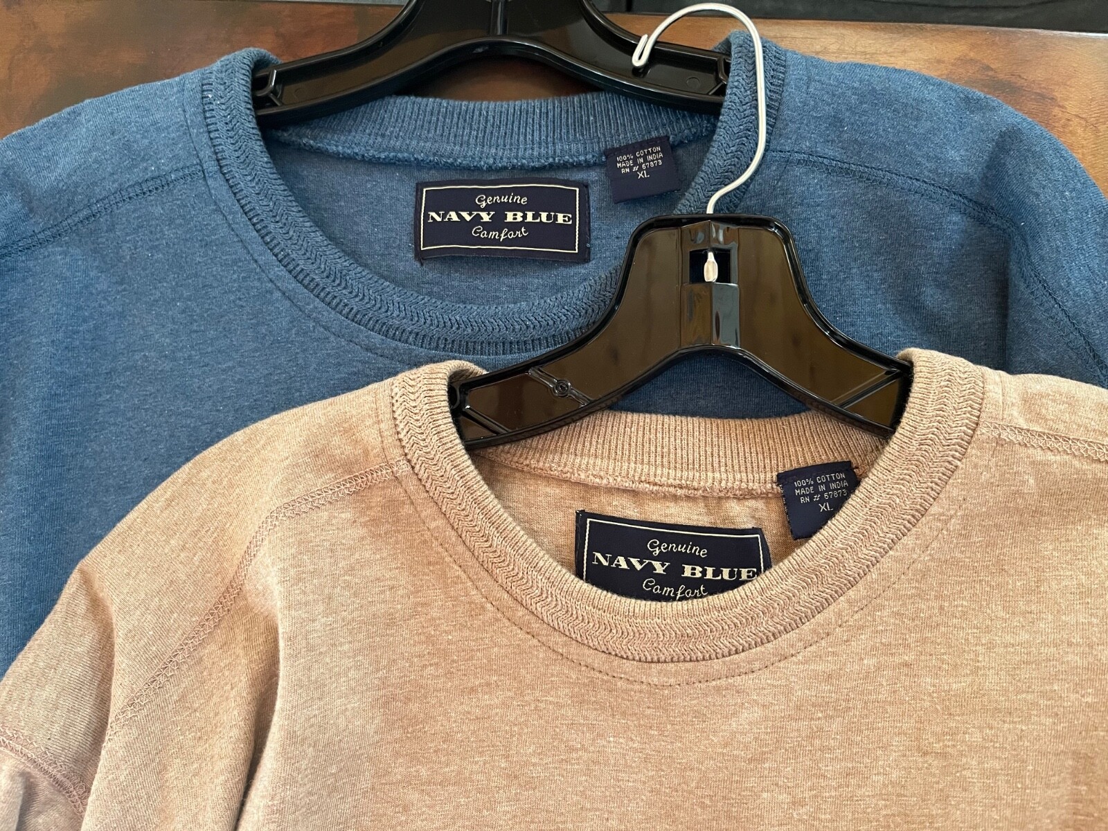 2 TOP QUALITY THICK COTTON T-SHIRTS, XL, BLUE/TAN, “NAVY BLUE COMFORT” EXCELLENT
