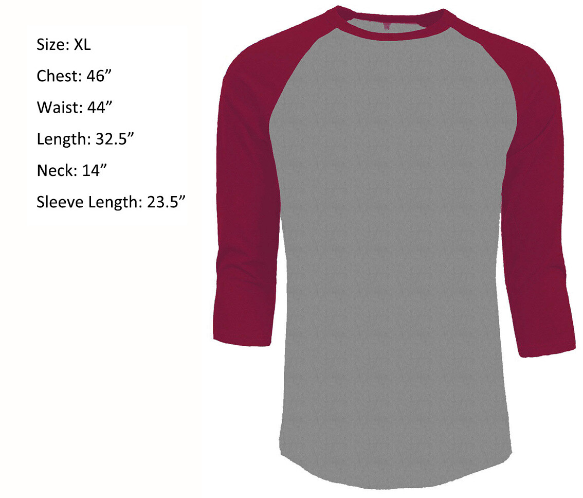 3/4 Sleeve Plain T-Shirt Baseball Raglan Jersey Sports Men’s Tee Gray Red XL