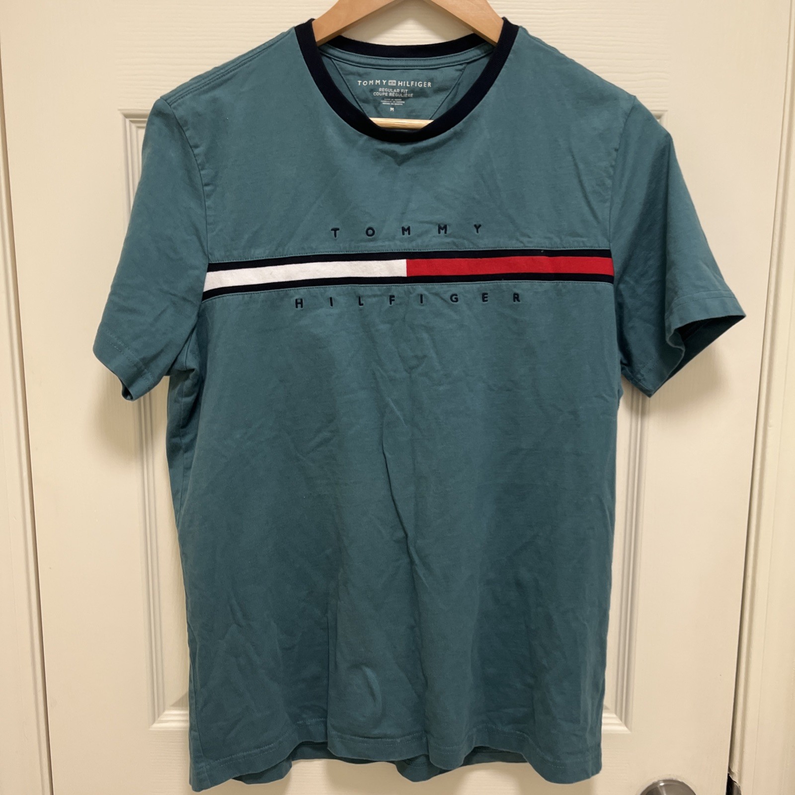 Tommy Hilfiger Signature Stripe T-Shirt Green Crew Neck Short Sleeve Mens M