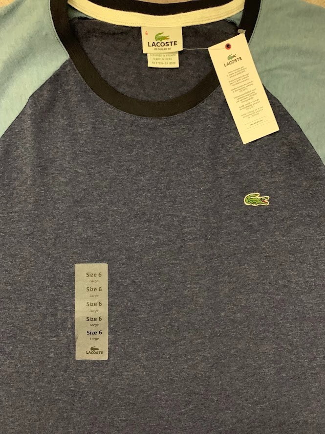 Lacoste Shirt Mens Size 6 Large XL NWT Blue Colorblock Raglan Tee Cotton Peru