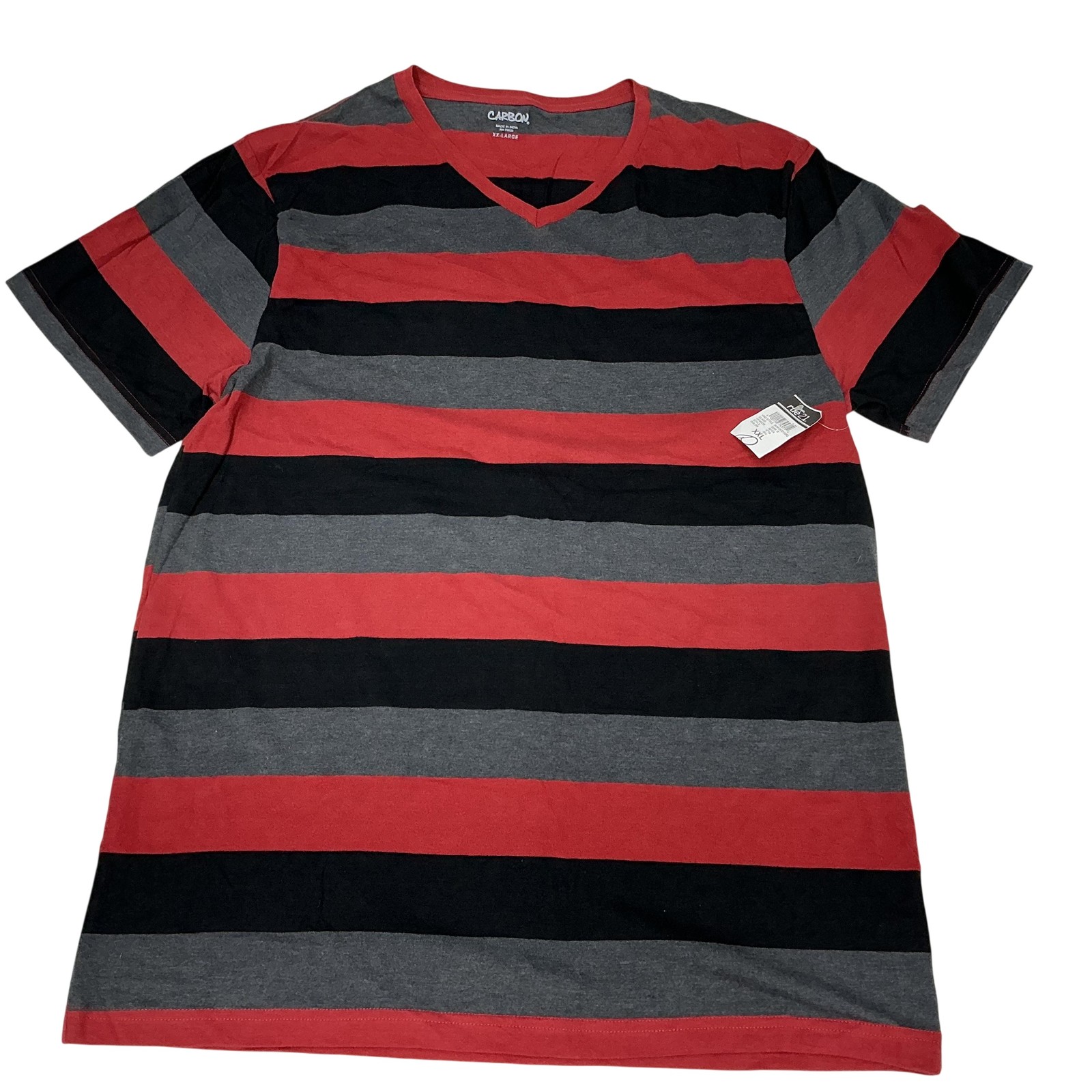 Carbon Shirt Mens 2XL Red Gray Black Stripe V Neck Short Sleeve Tagless