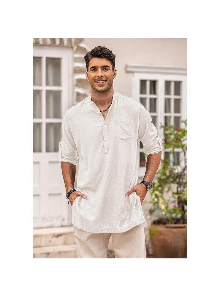 COOFANDY Men Linen Henley Shirts Long Sleeve Collarless T-Shirts Longline