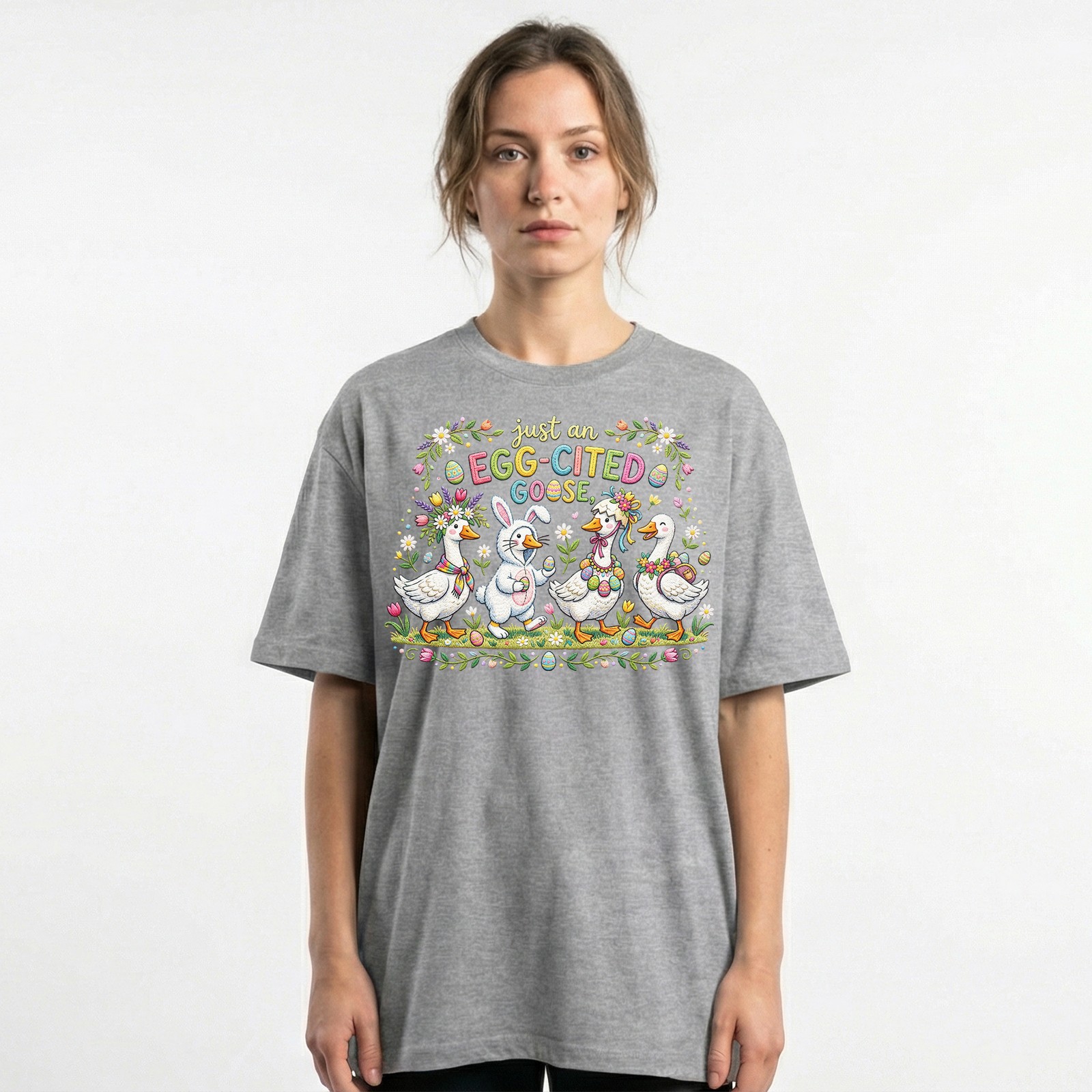 Egg Cited Goose Easter Duck Floral T-Shirt Spring Holiday Cute Animal Tee