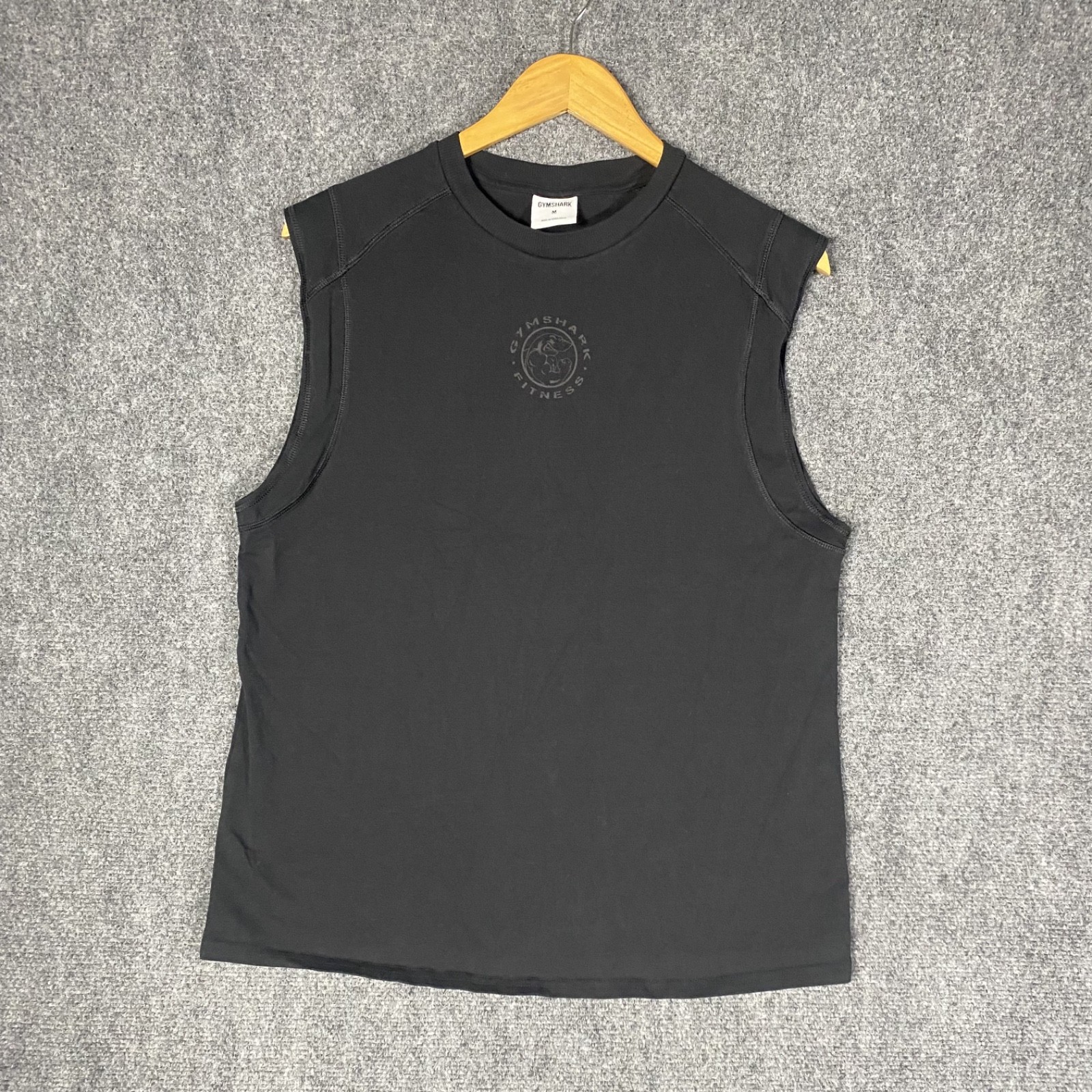 GymShark T Shirt Mens Medium M Black Sleeveless Gym Workout Running Shark Logo