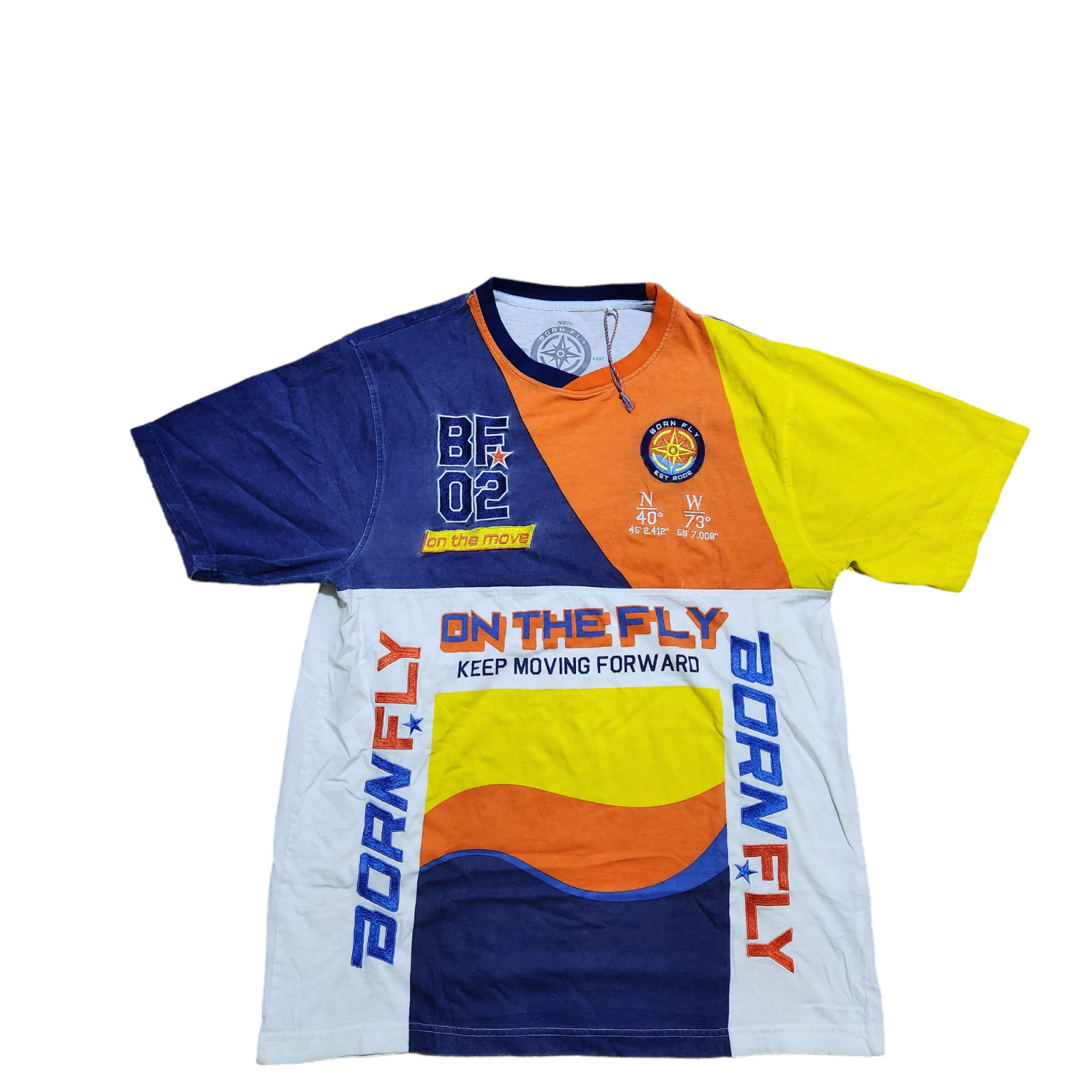 Born Fly Men L Colorblock Graphic T Shirt Blue Orange White Streetwear Casual