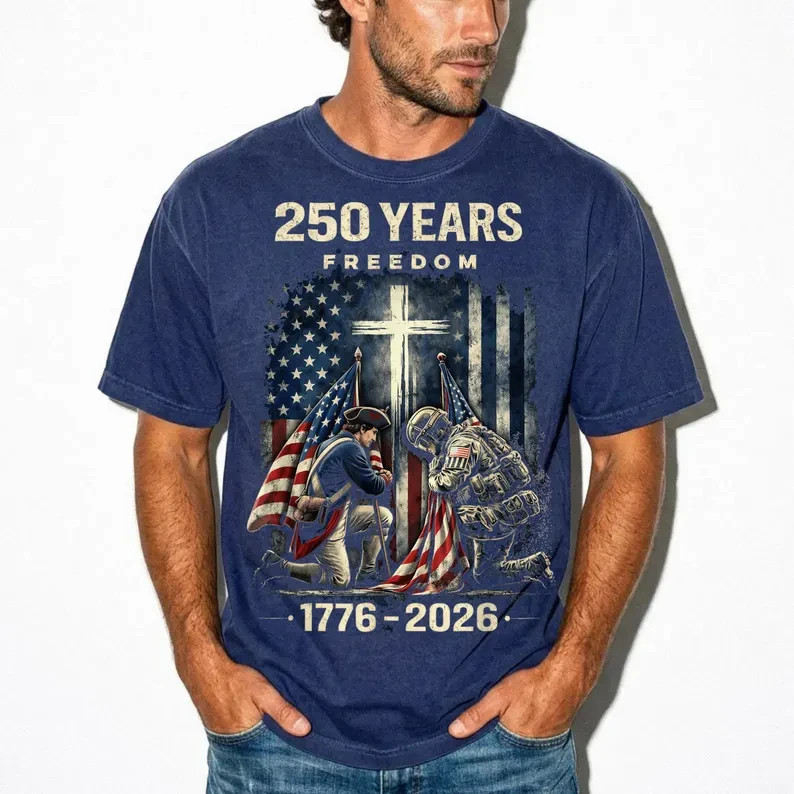 250 Years Freedom Soldiers Cross Flag Shirt, Christian Patriotic Military Tee
