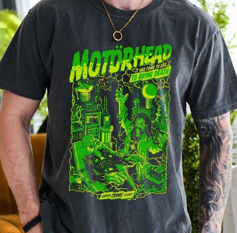Motorhead Horror Crime Stories T-Shirt on Vintage Black Comfort Colors 1717 Tee