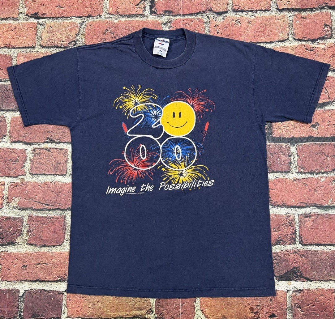 Vintage Walmart Smiley Face Fireworks Graphic Navy Blue T Shirt 2000 Medium USA