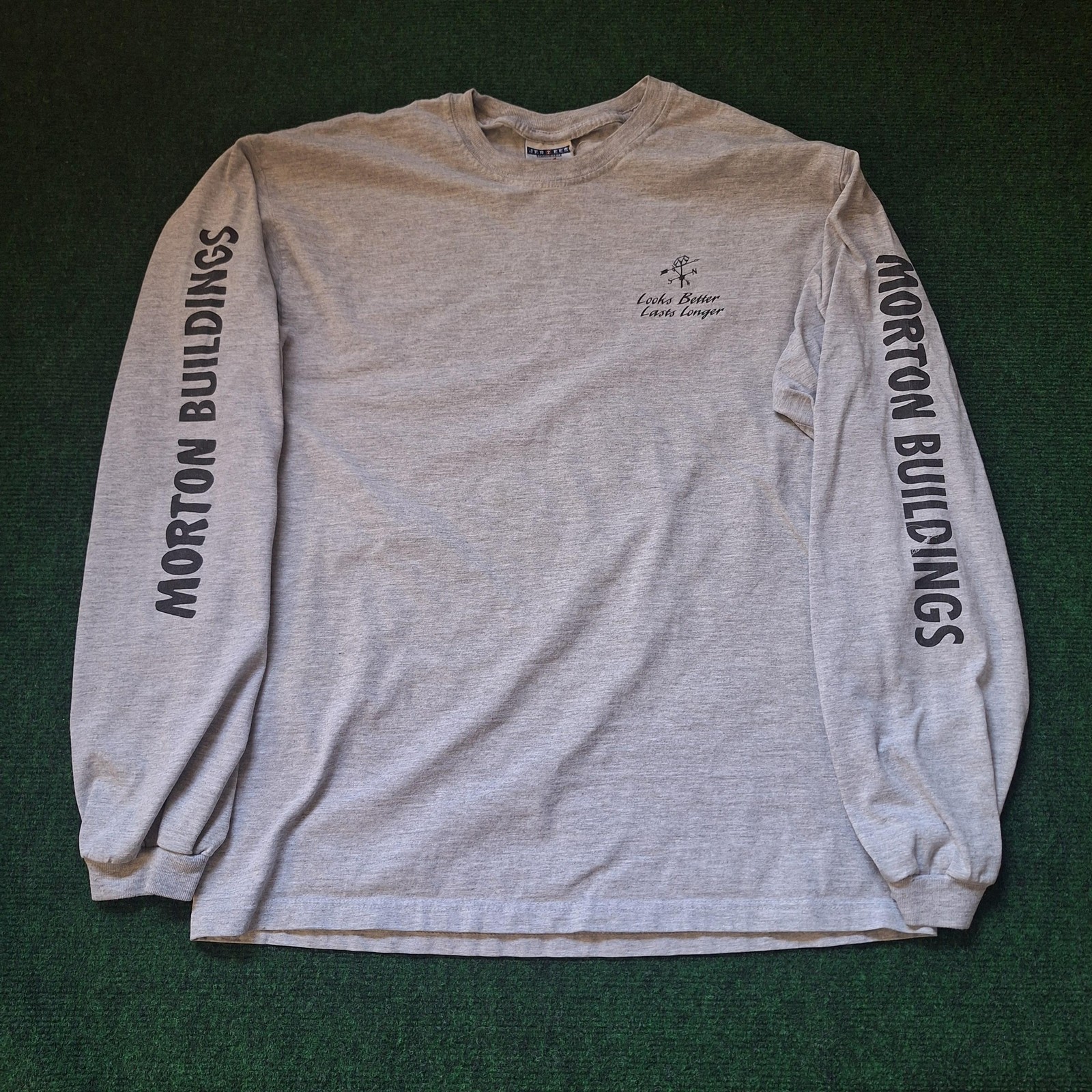 Morton Buildings Shirt Mens Medium Gray Long Sleeve Jerzees Workwear Slogan Tee