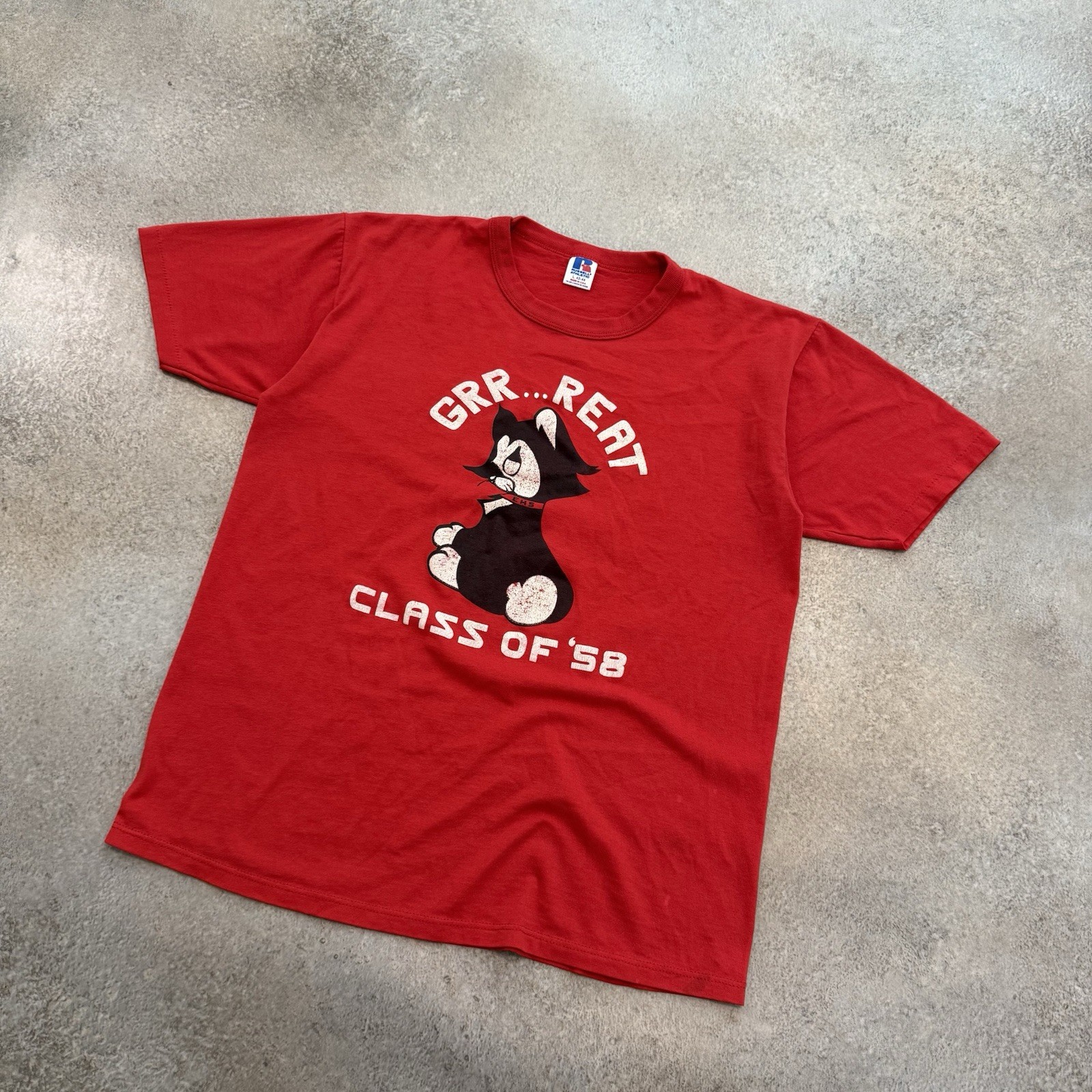 Vintage 80s EHS Class Of ‘58 Russell Athletic Tee Shirt Large Red Retro Cat