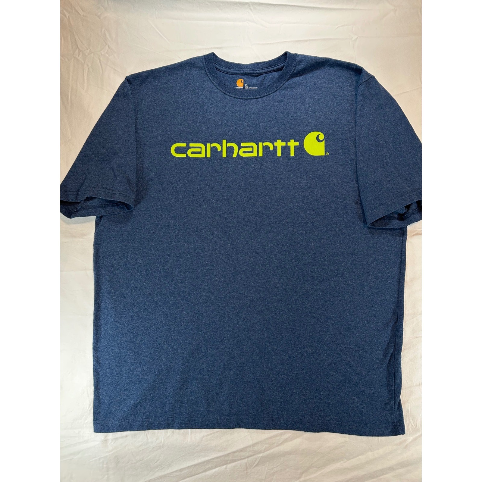 Carhartt Mens XL T-Shirt Navy Blue Heather Lime Green Logo Original Fit K195 413
