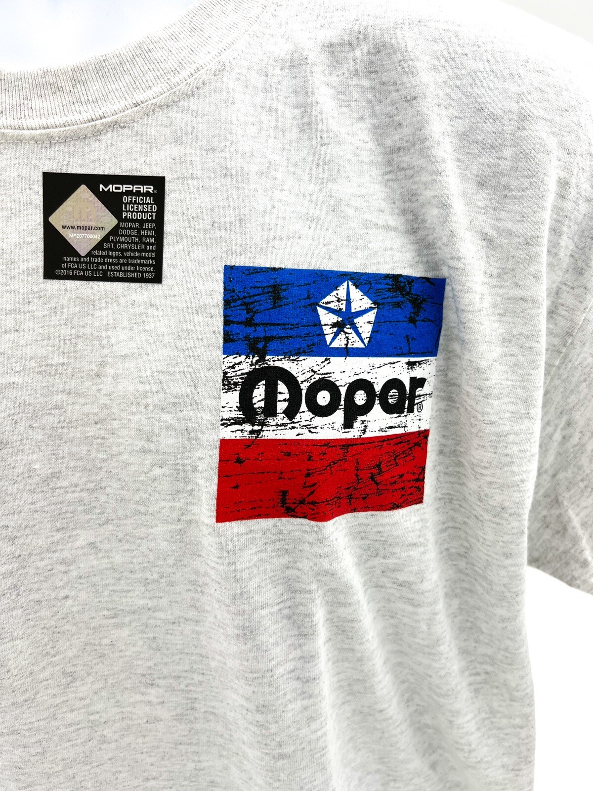 Ash T-Shirt w/ Large Red White & Blue 1972 Mopar Logo / Emblem (Licensed)