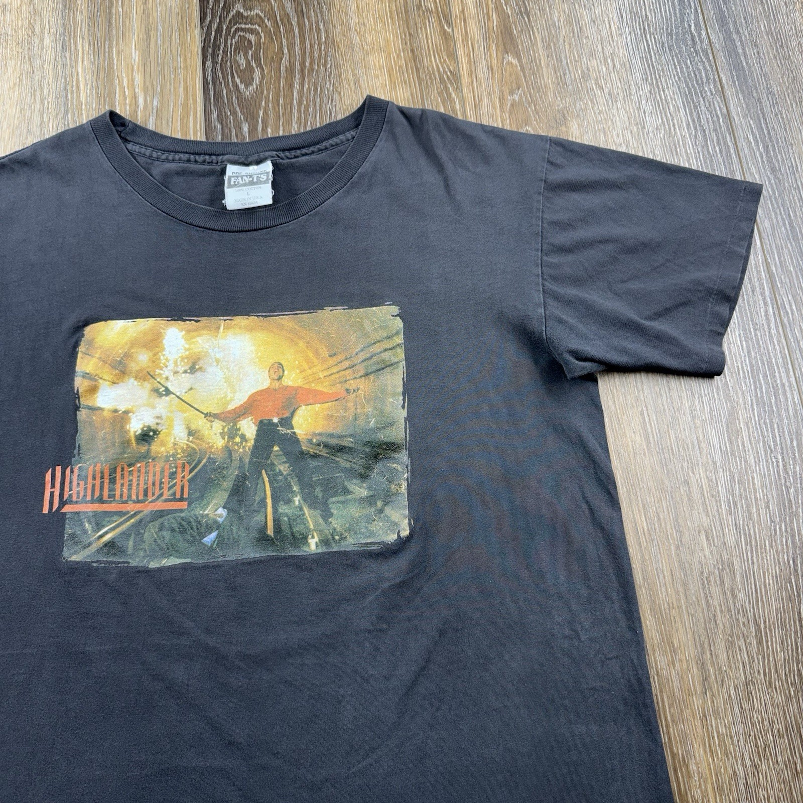 Vintage Highlander Shirt Mens L Black Movie Promo TV Show Sword Logo 90s USA Tee