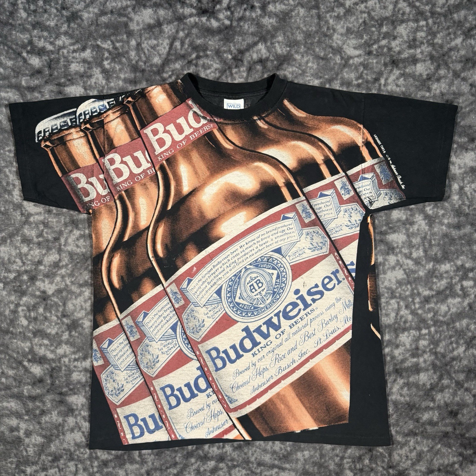 Vintage All Over Print Budweiser TShirt Mens Size L AOP Wild Oats 1993 Rare