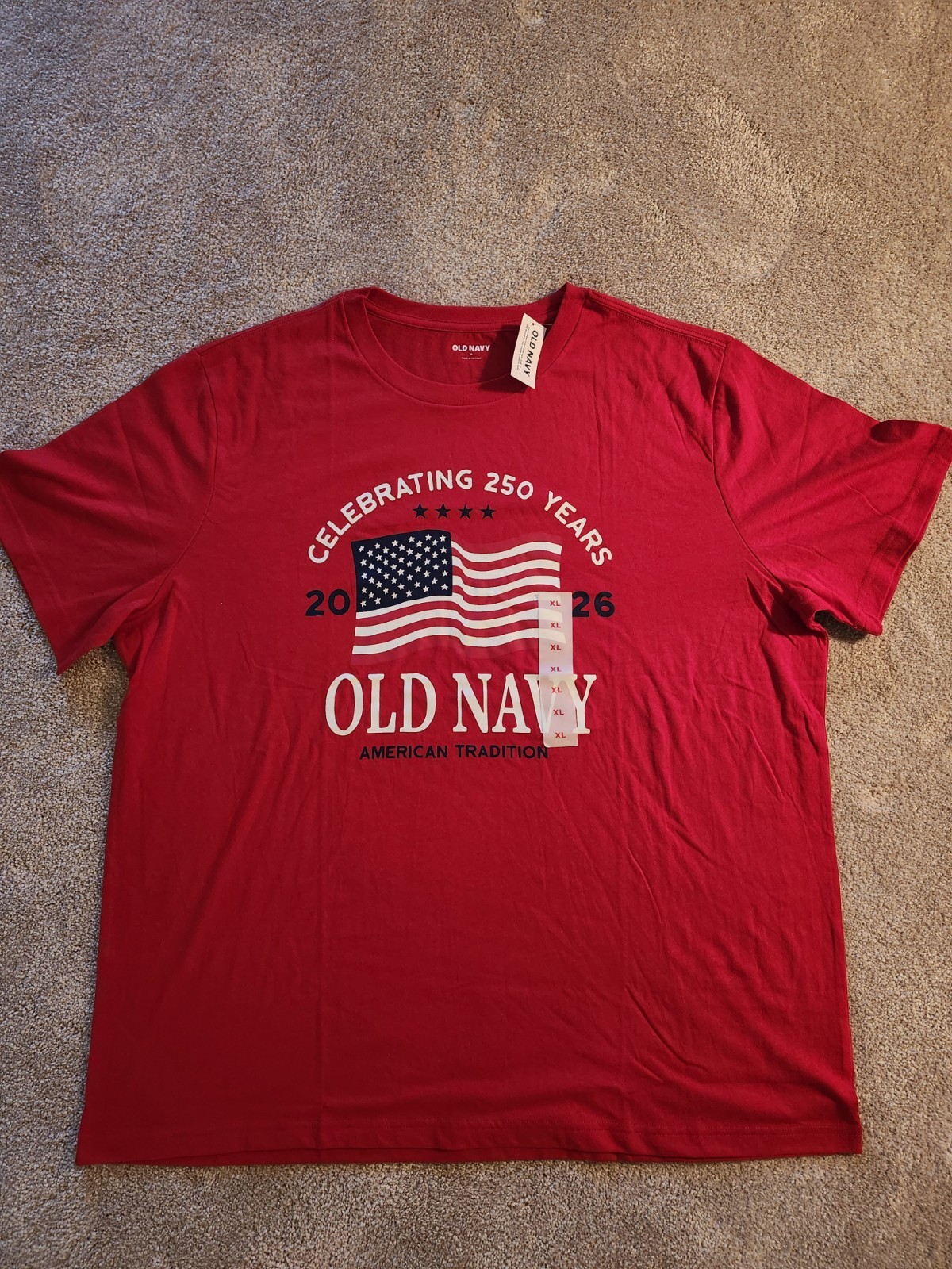 Old Navy Men’s XL Red July 4th 2026 Flag T-shirt 250th Anniversary Short Sleeve