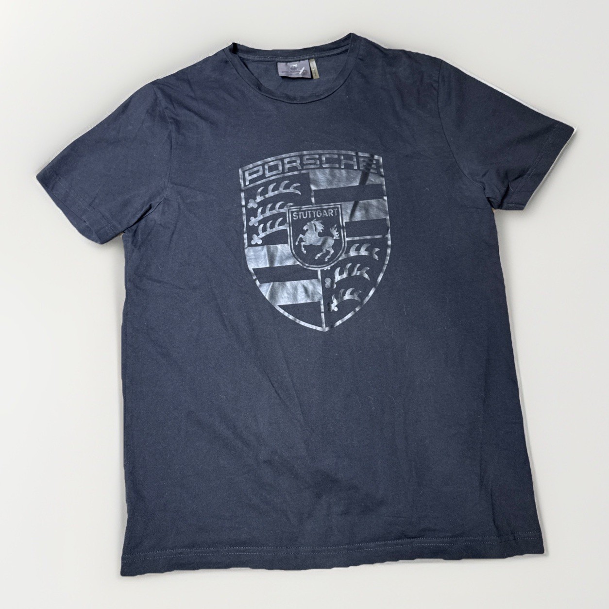 Porsche Shirt Mens Small Black Stuttgart Crest Graphic Tee Made Portugal Gloss