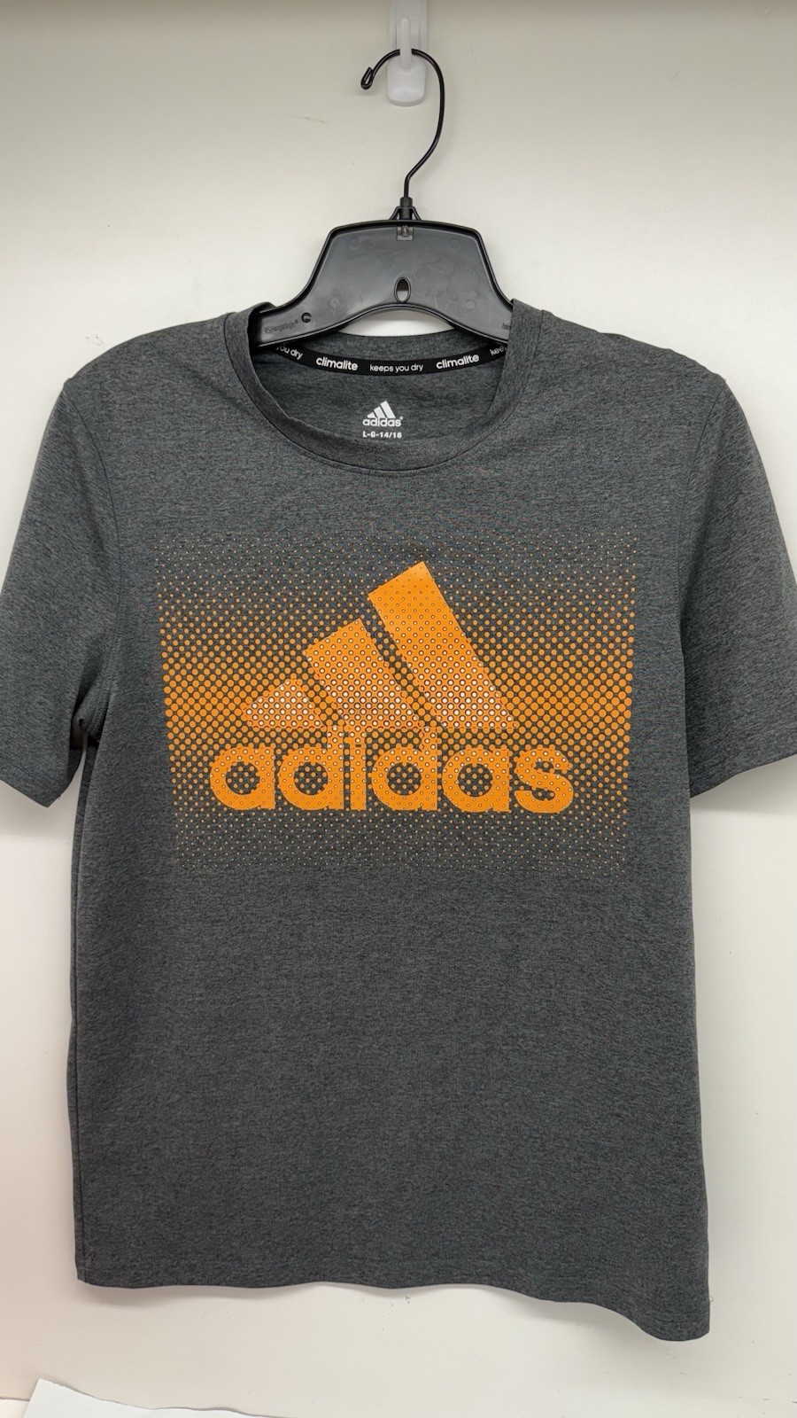 Adidas Climate Child Size Large 14/16 Gray/ Orange Logo Short Sleeve T-Shirt