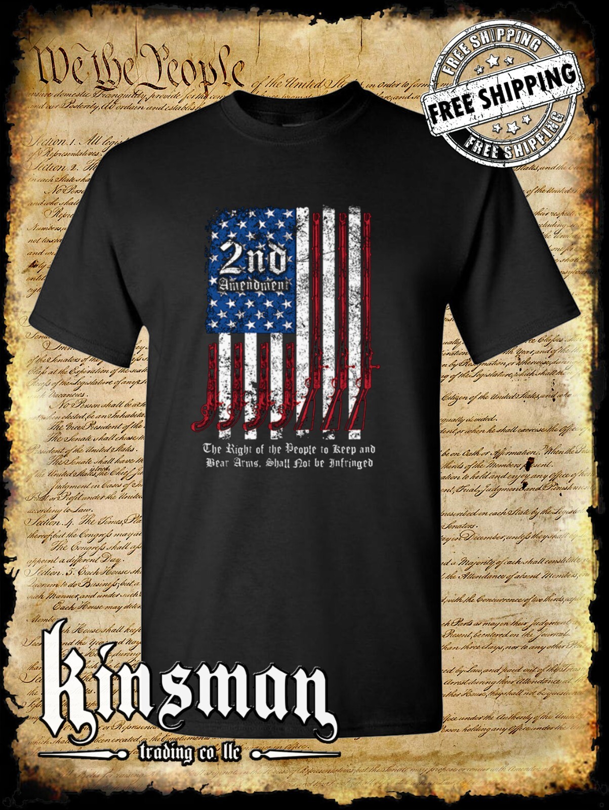 2nd Amendment Script T-Shirt American Gun Flag USA Freedom 1776 1789