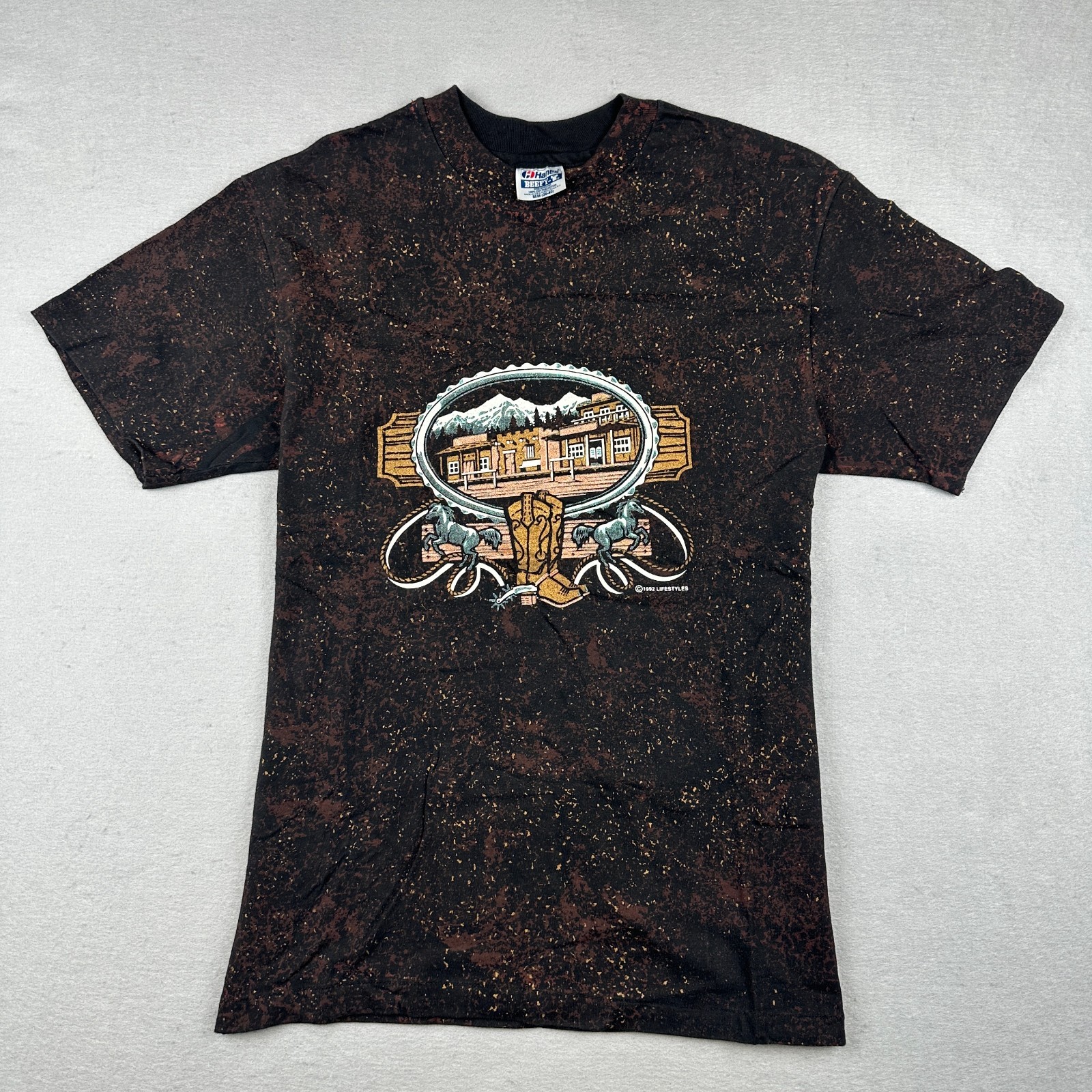 Vintage Lifestyles T Shirt Mens M Black Single Stitch Beefy Western Splatter 90s
