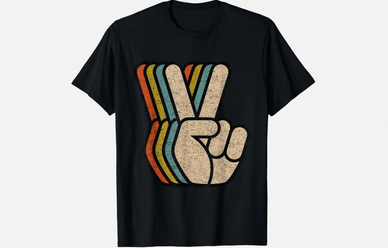 100% Cotton Retro Peace Sign V Fingers Vintage 60s 70s 80s Cool Graphic T-Shirt