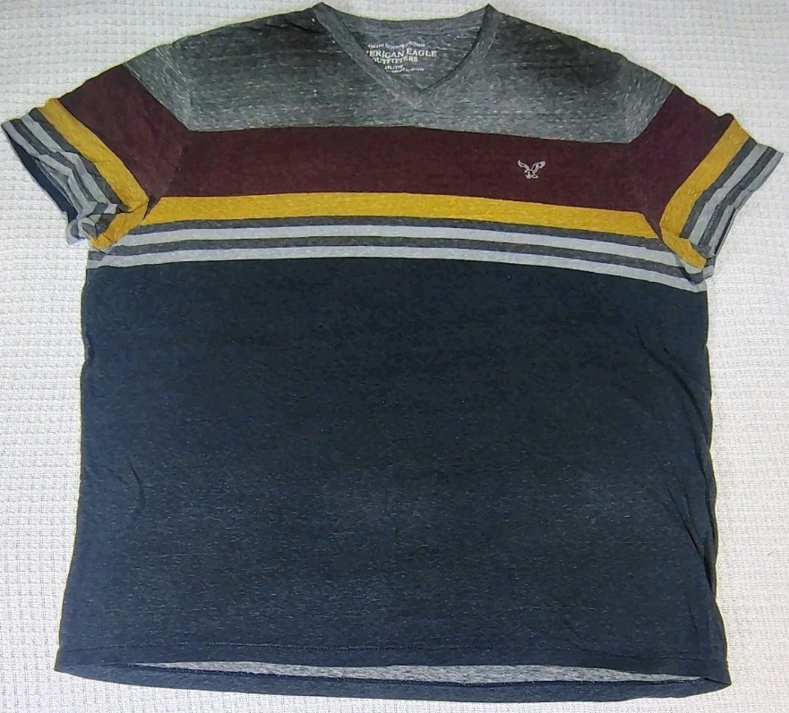 American Eagle Tee XXL Navy Maroon Grey Yellow Stripes Athletic Fit Y2K Preppy