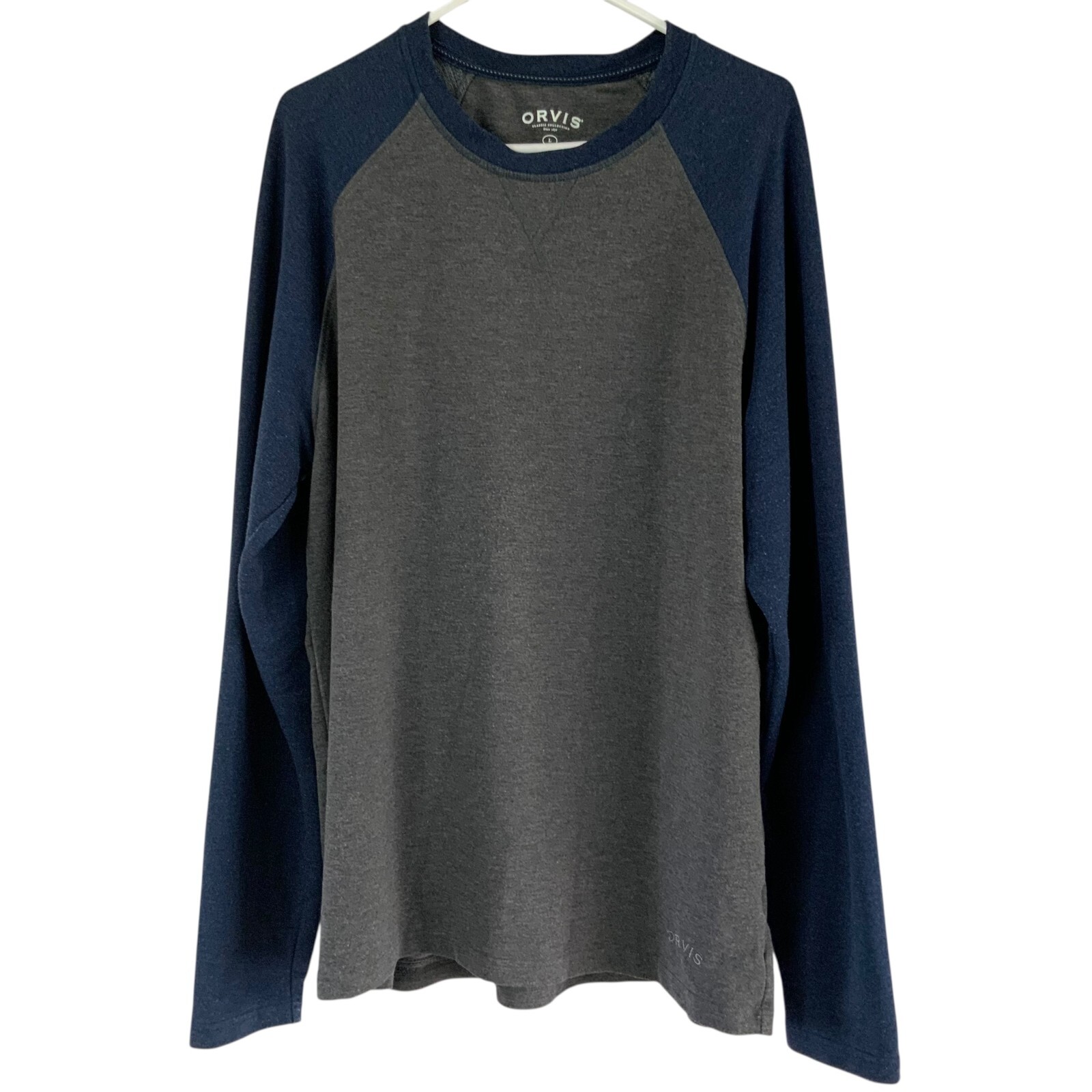Orvis Gray/Blue Crewneck Long Sleeve Pullover T-Shirt Size L Embroidered Logo