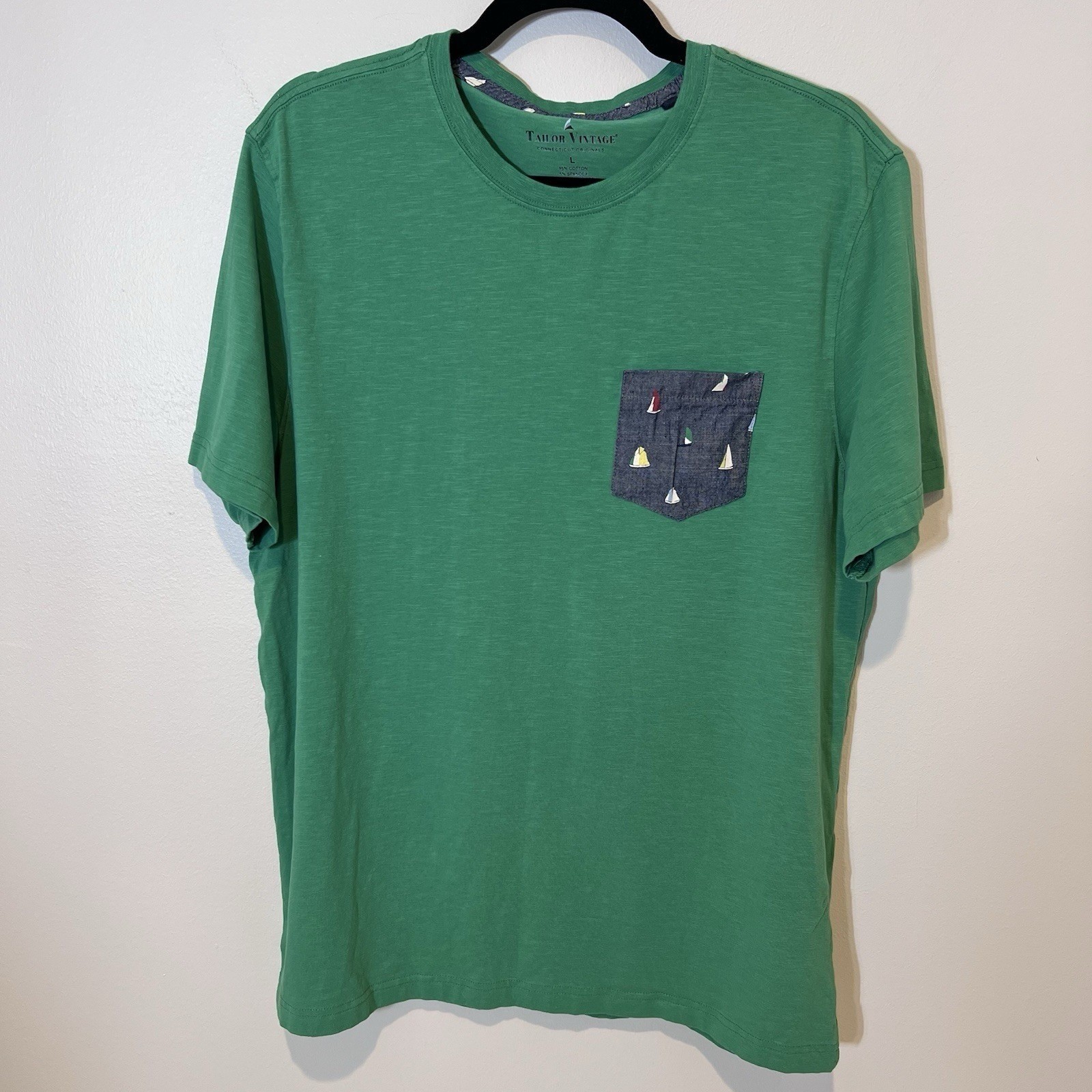 Sailboat Pocket Mens Soft Green Tee Summer Coastal Nautical Preppy Casual Large