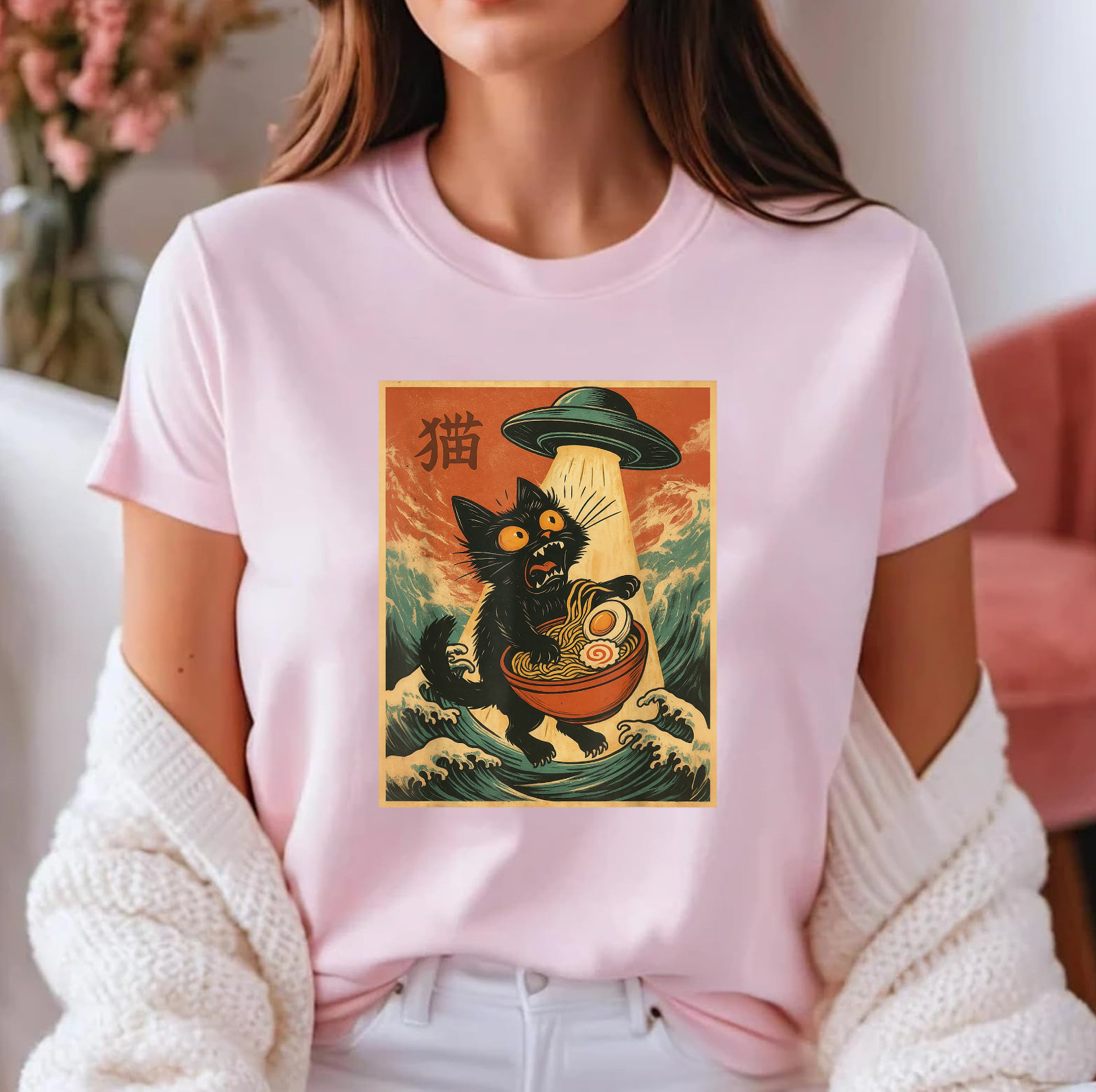 Cat Ramen UFO Funny Japanese Anime Tee Men Women Teens T-Shirt