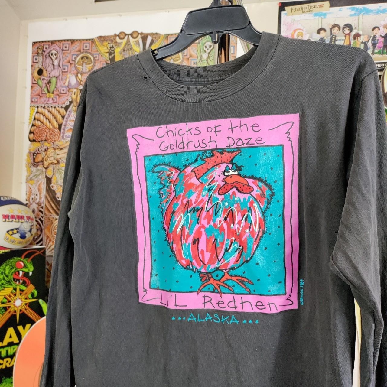 Vtg Red Hens Chicken Alaska Shirt Vtg Size Large 22×28 Distress A6ed