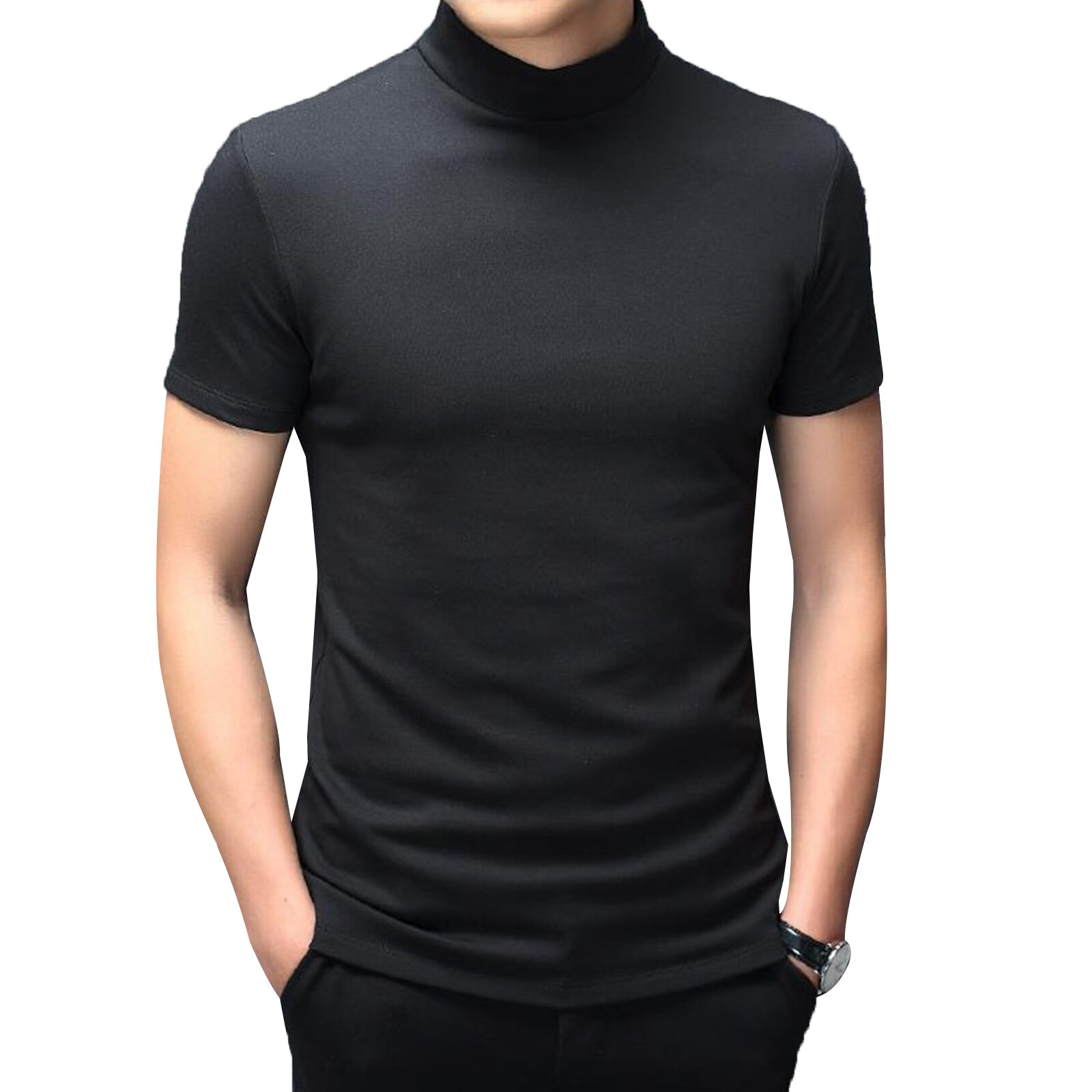 Men Short Sleeve Top Mock Turtleneck Casual Pullover T-Shirt Slim Fit Undershirt