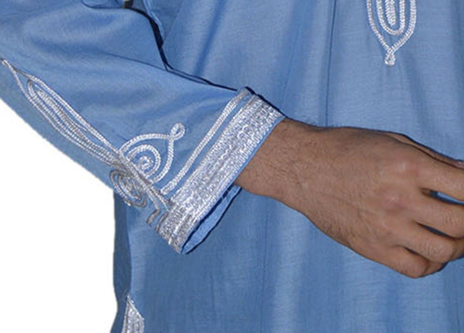 Moroccan Men Tunic Shirt Casual Handmade Embroidered Cotton X- Large Light Blue