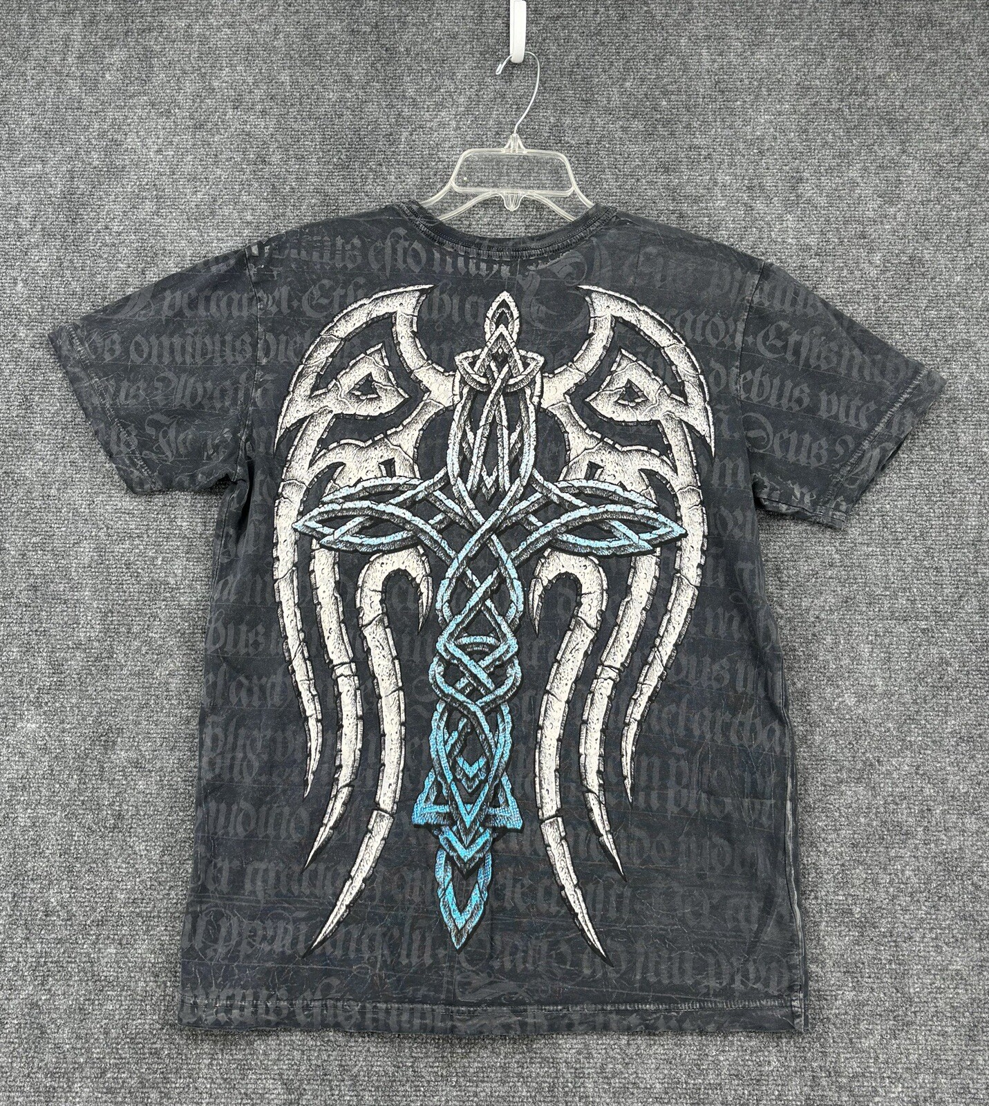 Affliction LIVE FAST SHIELD WINGED T Shirt Gray Blue Foil Accents Men’s M Grunge