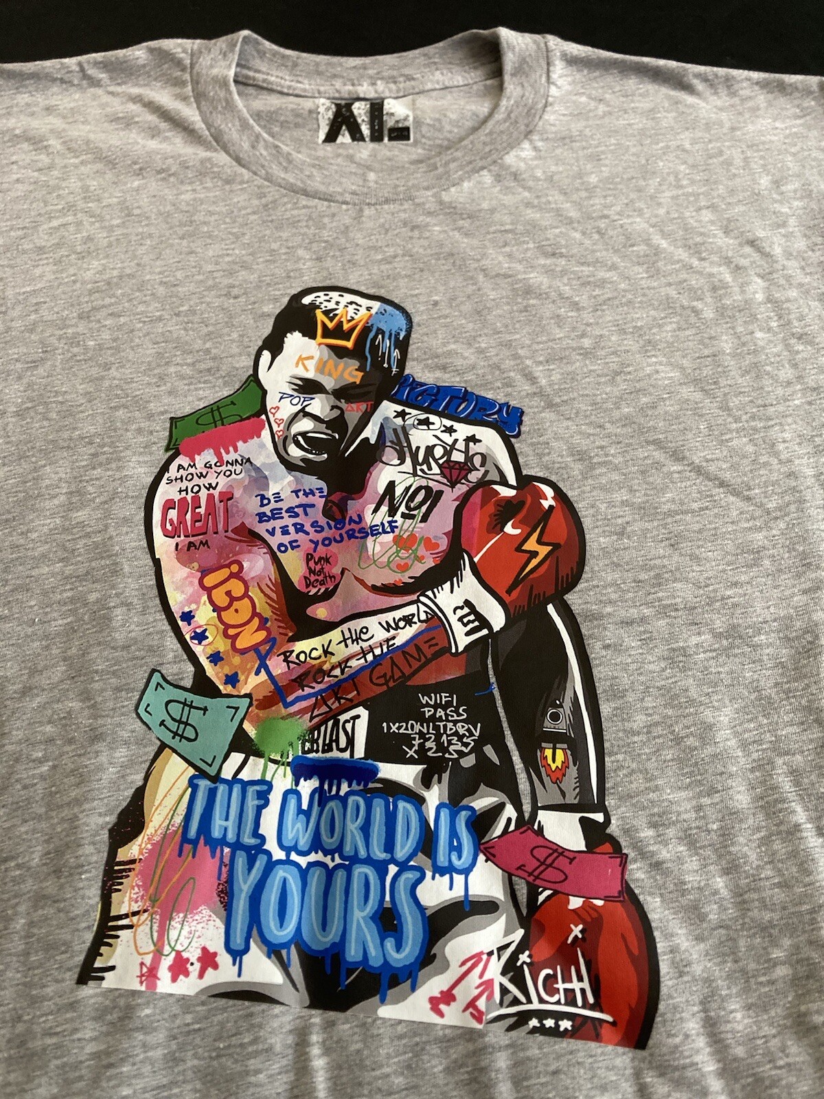 Ali The Greatest Graffiti Abstract Art Graphic Print Men’s Grey Tee NWT Size XL