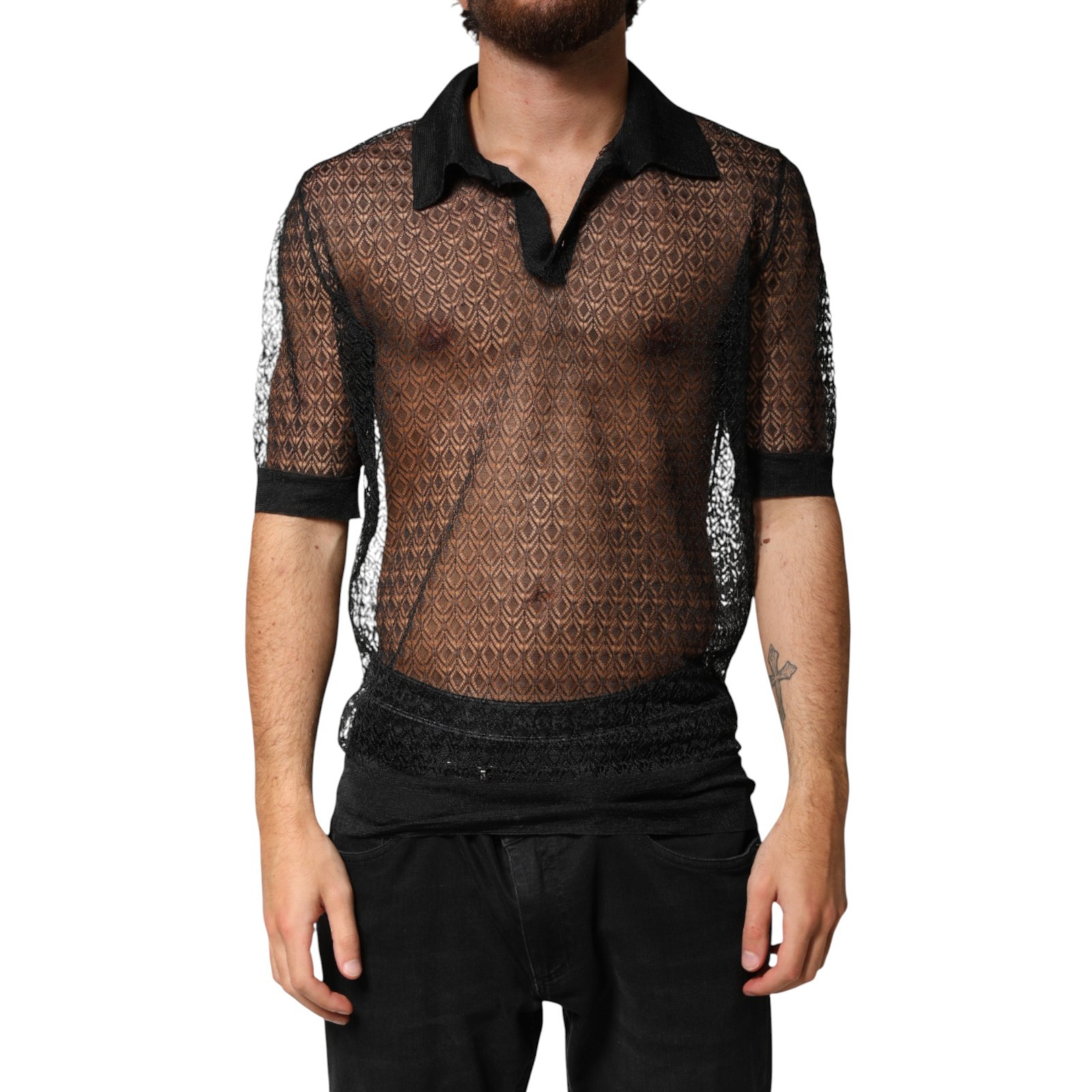DOLCE & GABBANA Top Black Sheer Short Sleeves Casual Polo IT48/US38/M 1500usd