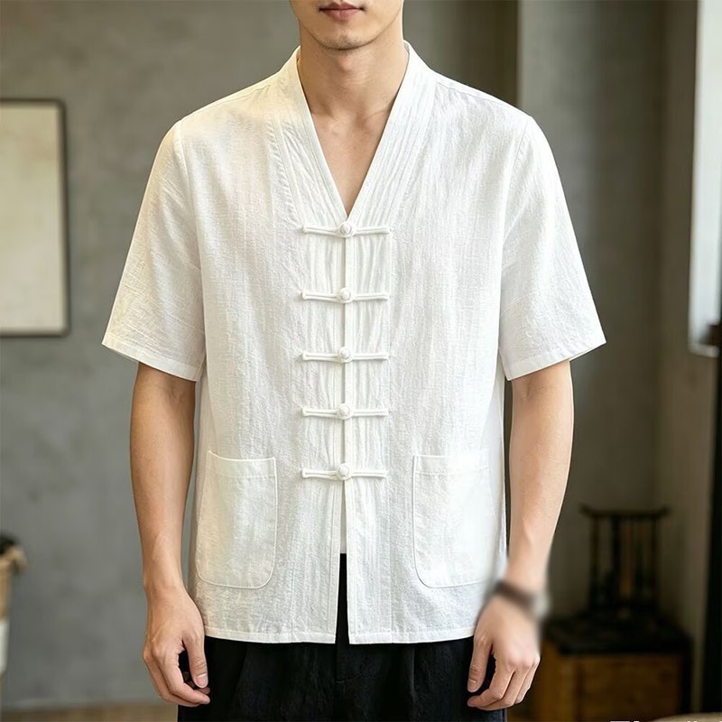 New Chinese Style Tang Zhuang Mens Casual Cotton Linen Short Sleeve Shirts Tops