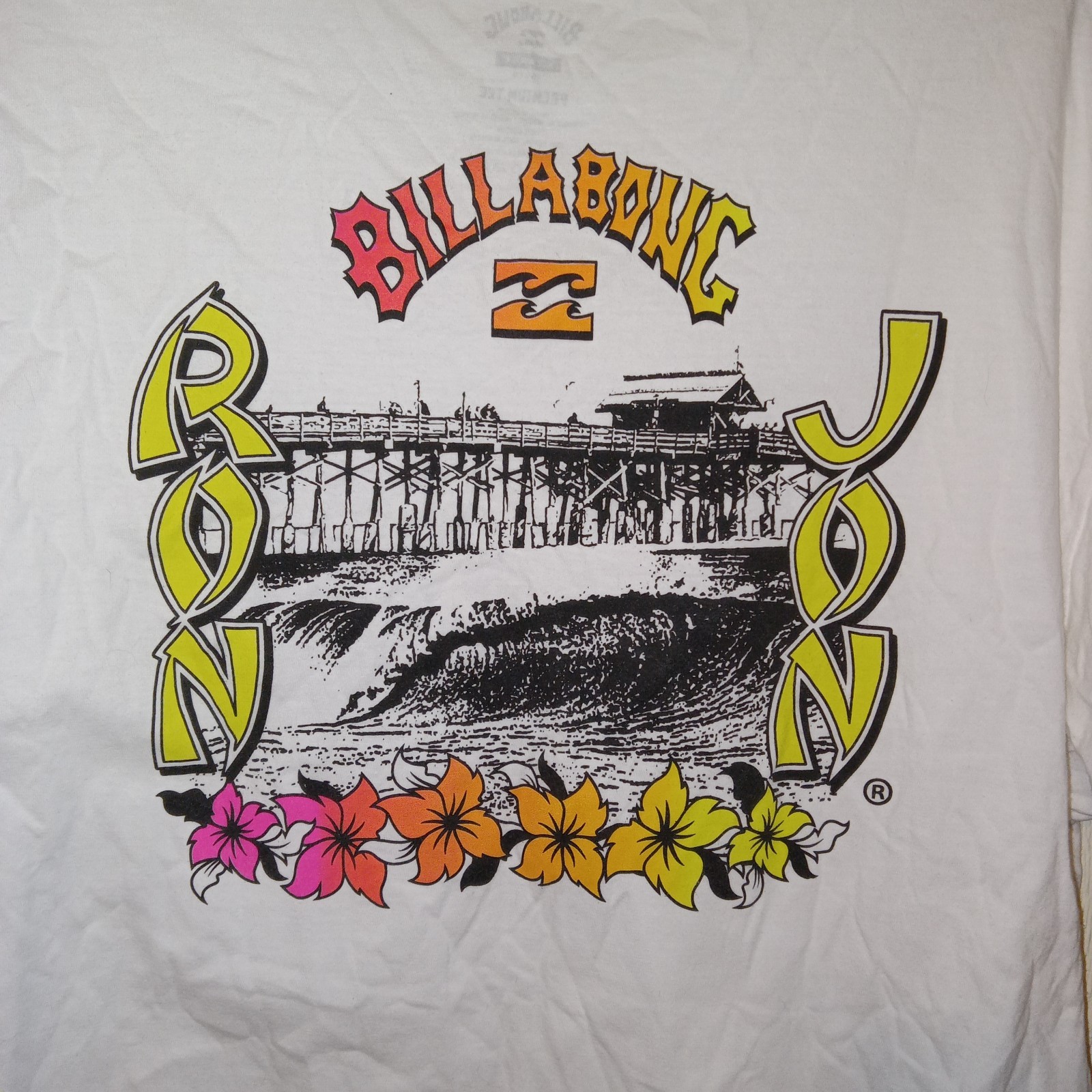 Billabong Crash T-Shirt Surf Men’s XL Surfing Skate White Yellow Pink 2-sided