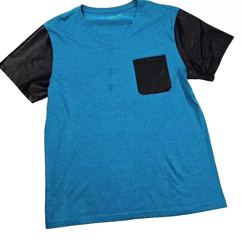 X s ive Pocket T Shirt Men -XL Heather Blue Black V-Neck -Going Out Casual Stain