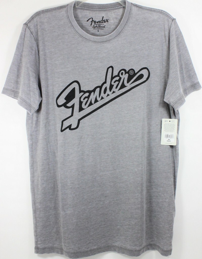 Lucky Brand Fender Guitars Baseball Script Logo Gray T-Shirt Musician