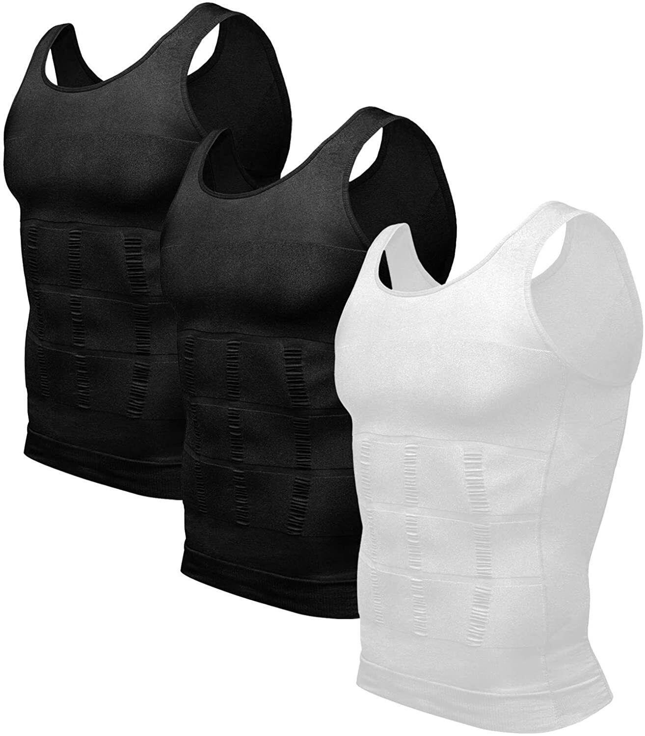 Men’s 3 Pack Compression Shirt Slimming Body Shaper Vest Gym Workout Tank Top