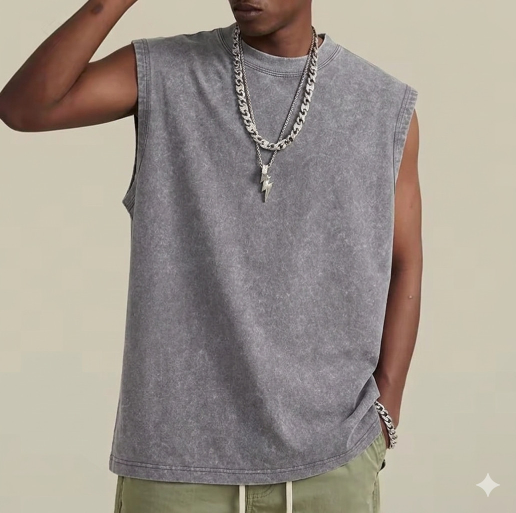 Men’s Acid Wash Muscle Shirt – Vintage Sleeveless T-Shirt, Plain