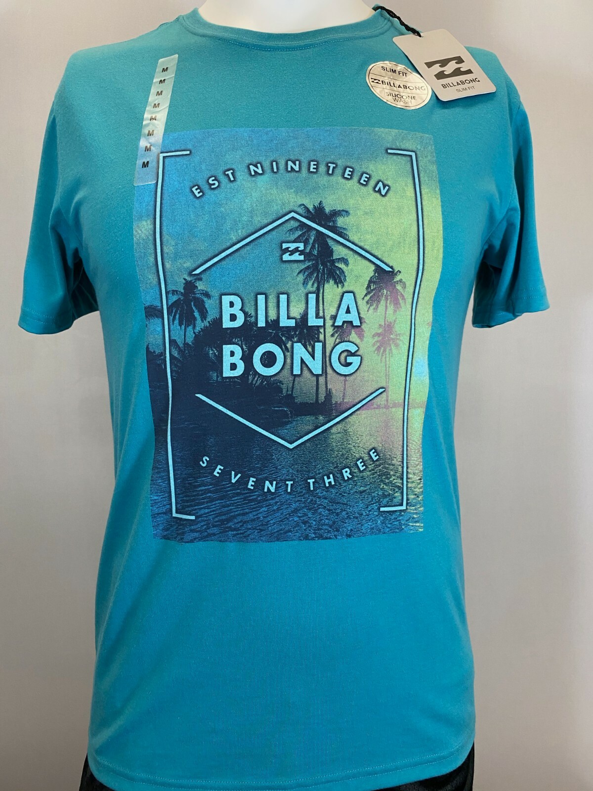 Billabong Mens Shirt Medium Blue Red Green Short Sleeve Slim Sunset Graphic