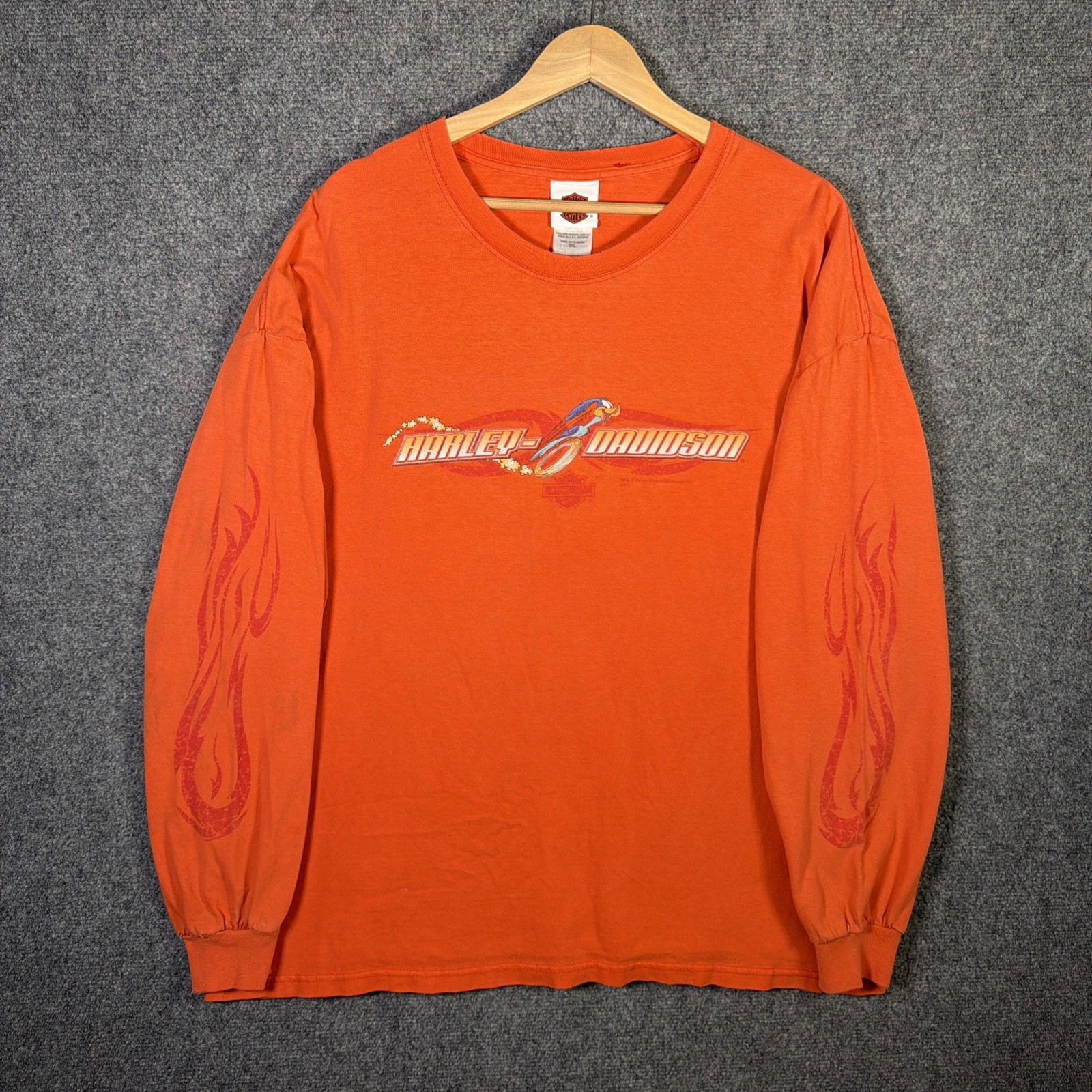 Vintage Harley Davidson Shirt 2XL Orange 90s Long Sleeve Flames Looney Tunes