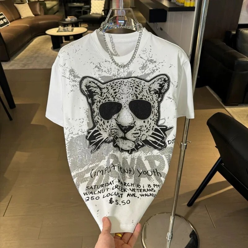 New Men Luxury Diamond Leopard Rhinestones Fashion T-Shirt High Quality 3 Colors